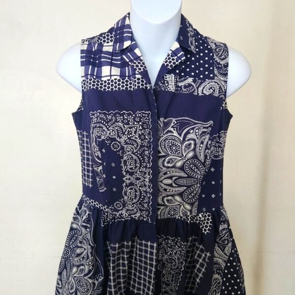 ISAAC MIZRAHI Navy Blue White Multi Print Sleeveless A-line Maxi Summer Dress XS - Picture 5 of 9